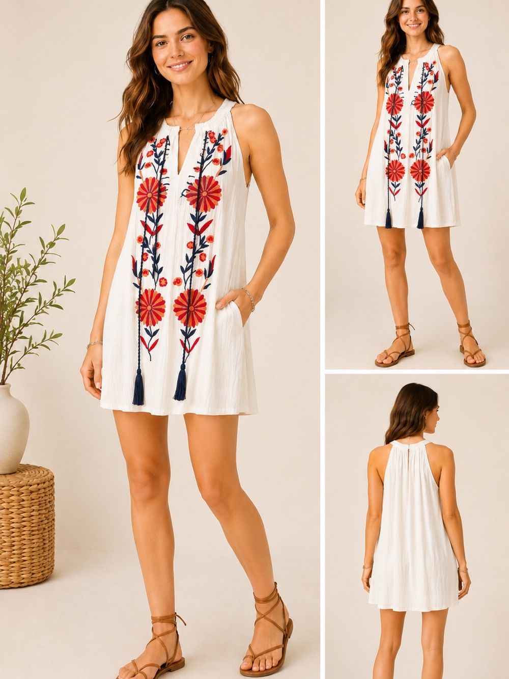 THML White Dress with Red and Navy Floral Embroidery